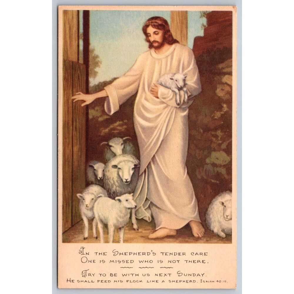 Vintage Sunday School Postcard Jesus Good Shepard Absentee Invitation Church 726